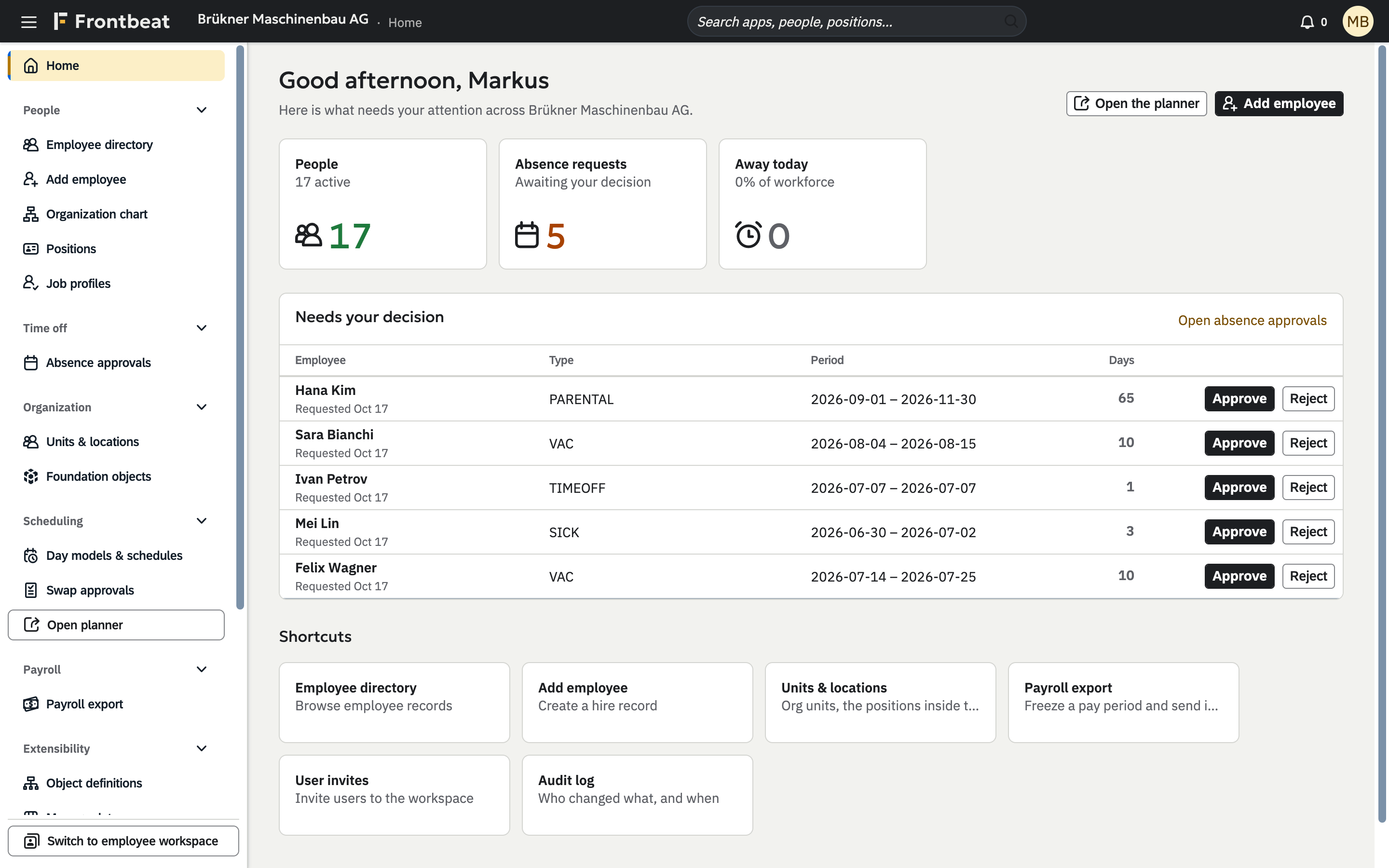 The Frontbeat home page for a demo company, Brükner Maschinenbau AG: a side navigation grouped by module, 17 active employees, 5 absence requests awaiting a decision, each with Approve and Reject buttons, and shortcuts to the directory, units and payroll.