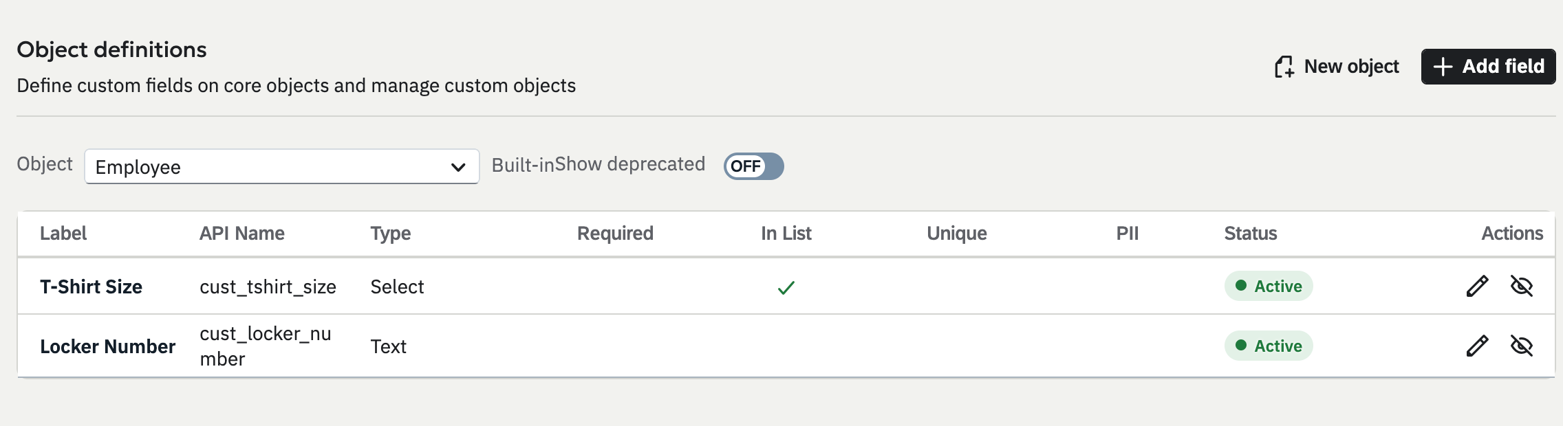 Object definitions with two custom fields on the Employee object: T-Shirt Size, a select field, and Locker Number, a text field.