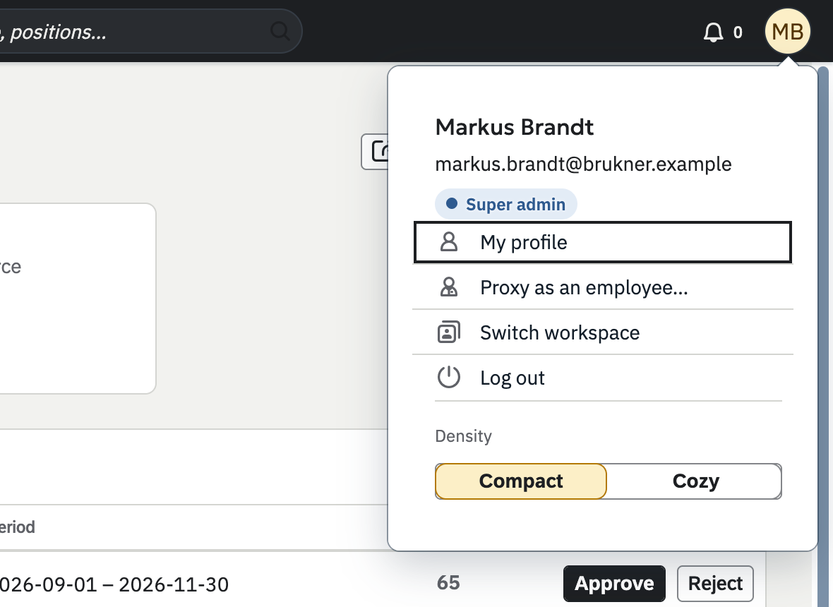 The account menu of a Super admin, with My profile, Proxy as an employee, Switch workspace and Log out, and a choice of density.