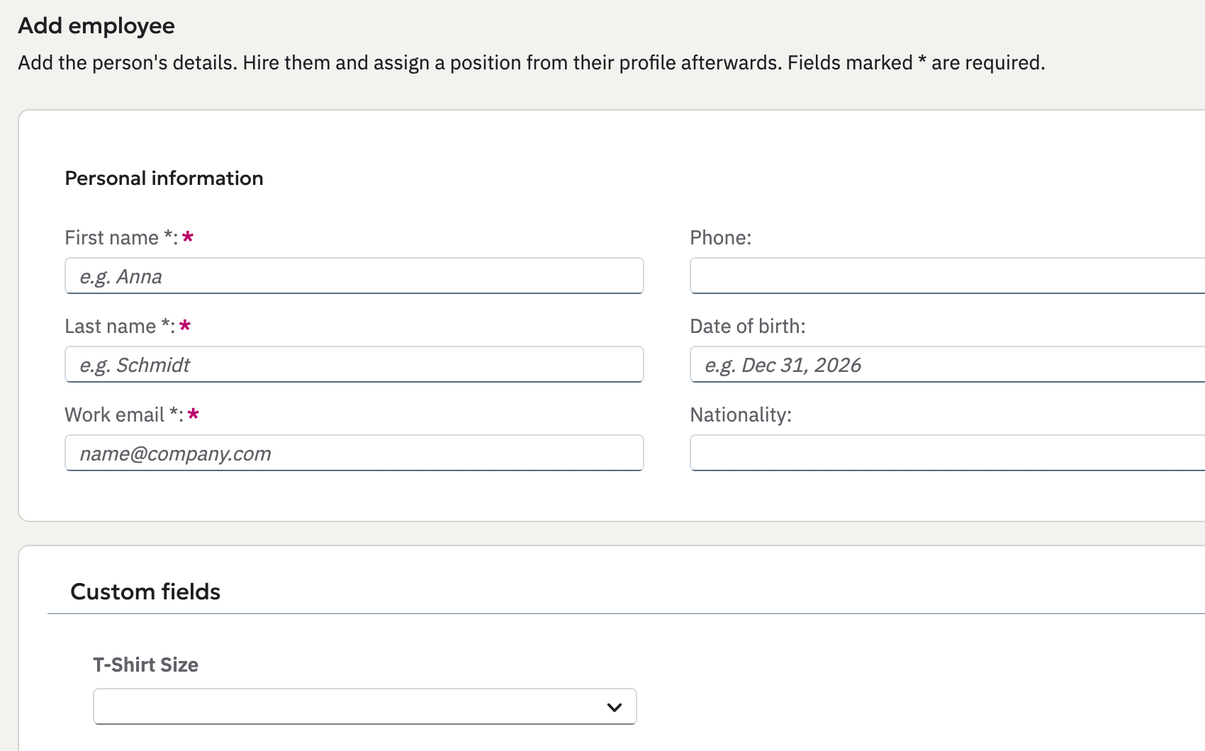 The Add employee form: first name, last name, work email, phone, date of birth and nationality, with the company's custom fields below.