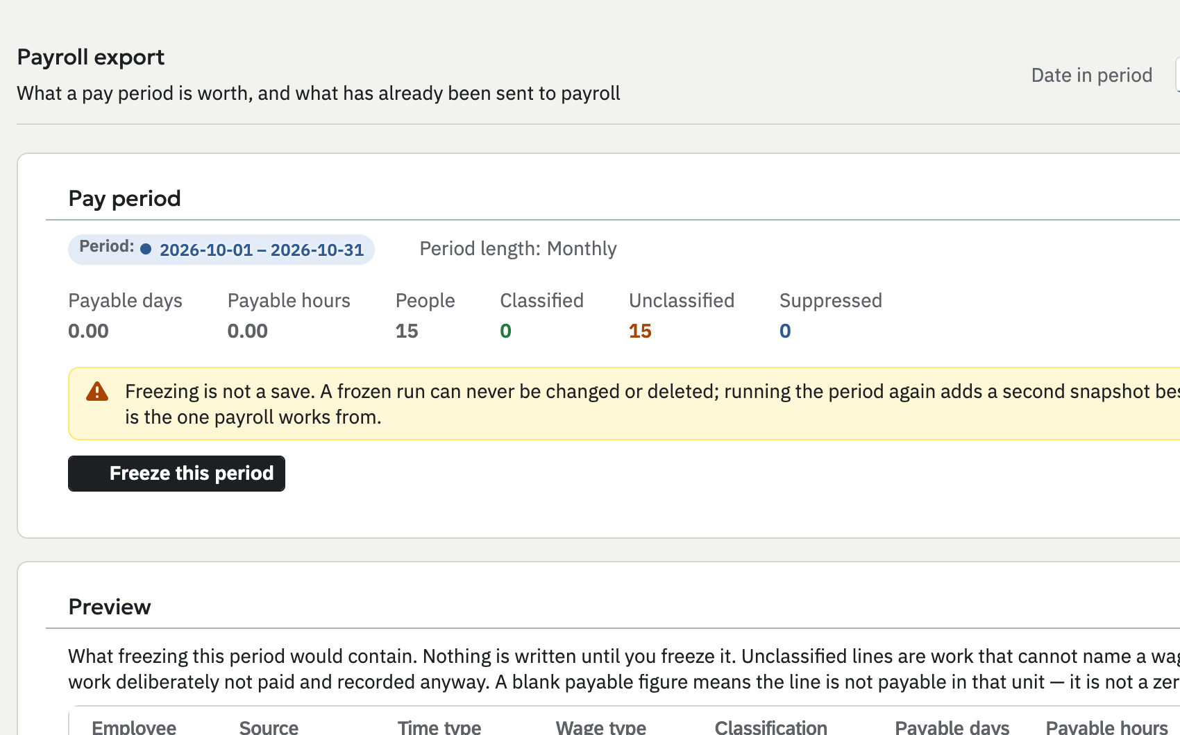 Payroll export for October 2026: payable days and hours, people, and classified, unclassified and suppressed lines, with a button to freeze the period.