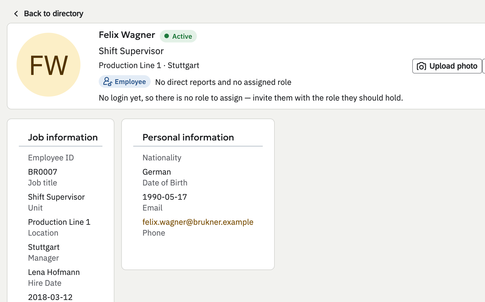 Felix Wagner's profile: shift supervisor in Production Line 1 in Stuttgart, with Lena Hofmann as his manager, worked out from the org structure.